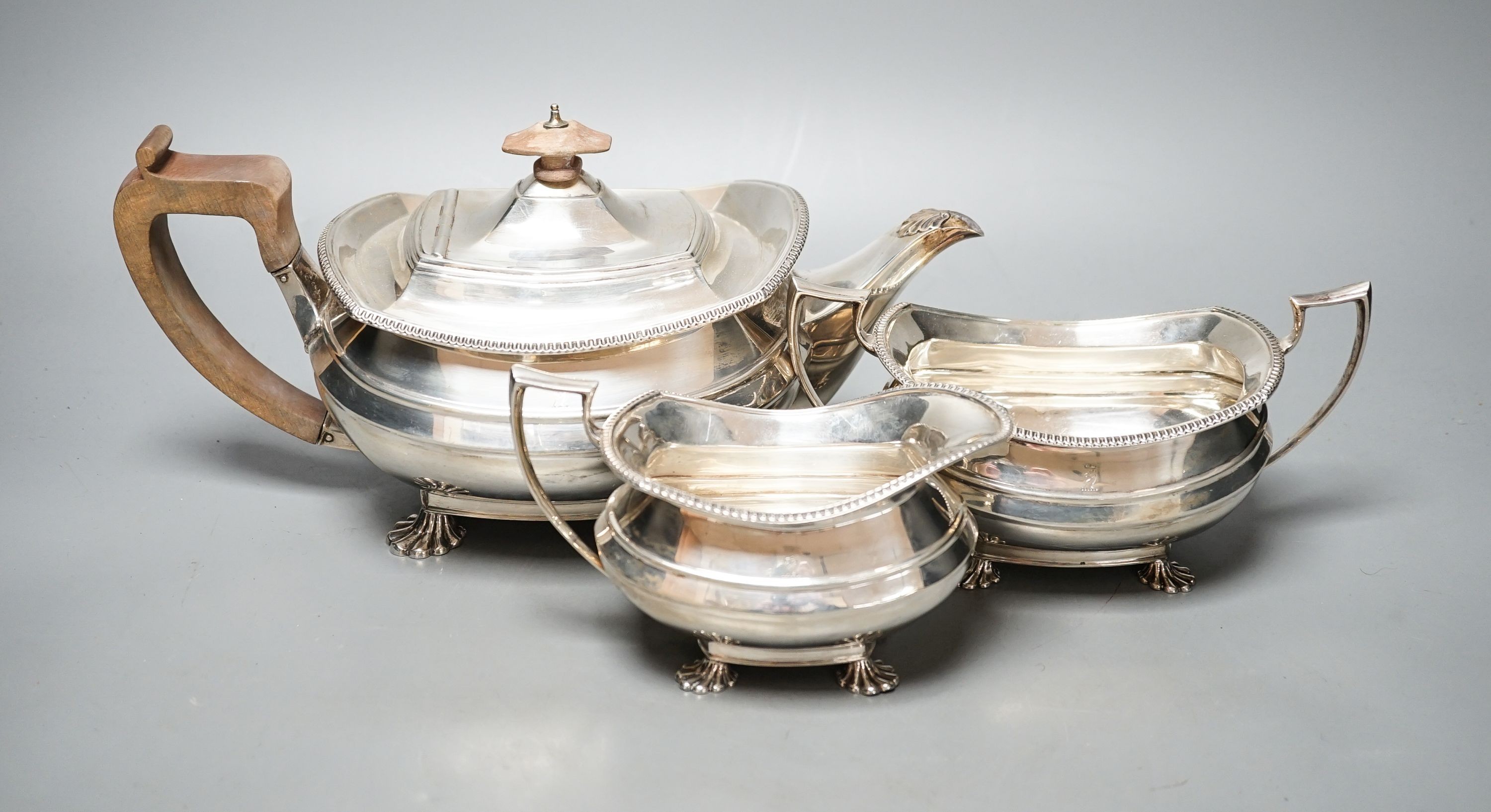 A George V silver three piece tea set, George Howson, Sheffield, 1929/30, gross 42oz.